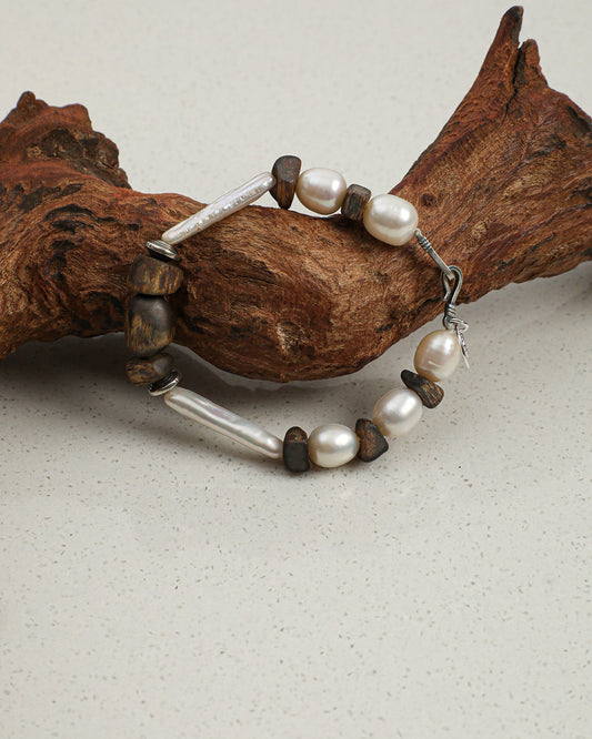 Deep Grain — Wood & Luminous Bead Bracelet