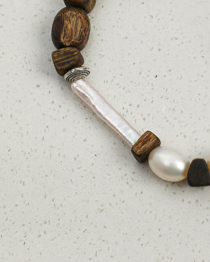 Deep Grain — Wood & Luminous Bead Bracelet