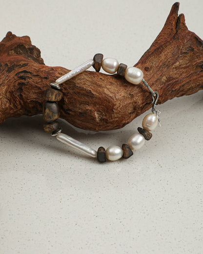Deep Grain — Wood & Luminous Bead Bracelet