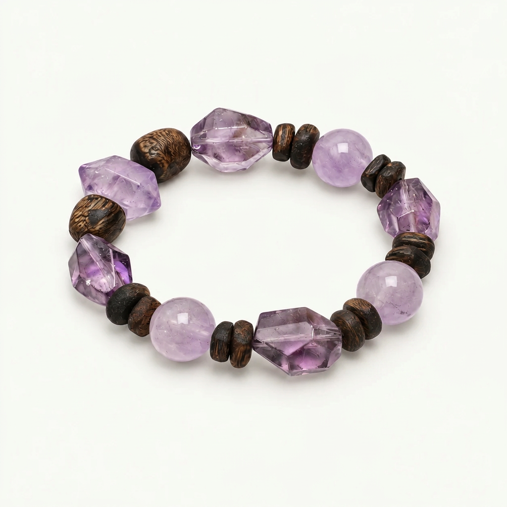 Violet Mist — Wood Crystal Bracelet on ivory background