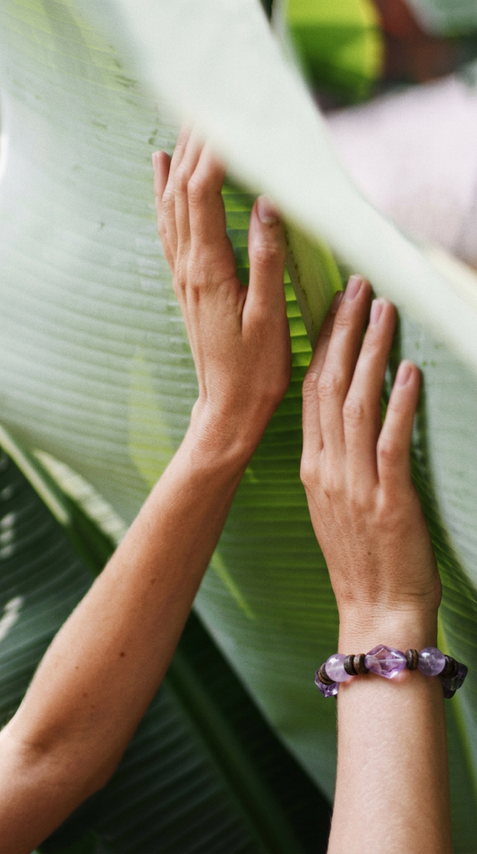 Violet Mist — Wood Crystal Bracelet worn view
