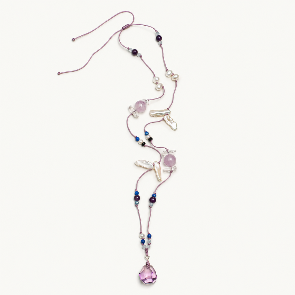 Violet Cloud — Crystal Drop Necklace on ivory background