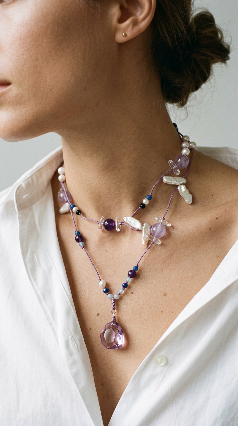 Violet Cloud — Crystal Drop Necklace worn view