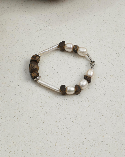 Deep Grain — Wood & Luminous Bead Bracelet