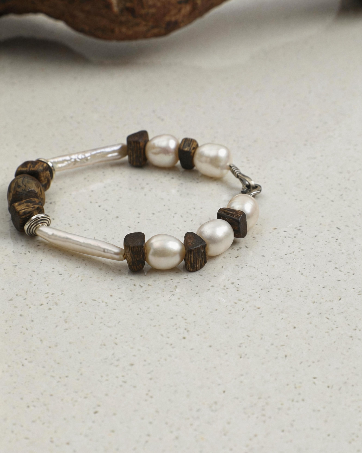 Deep Grain — Wood & Luminous Bead Bracelet
