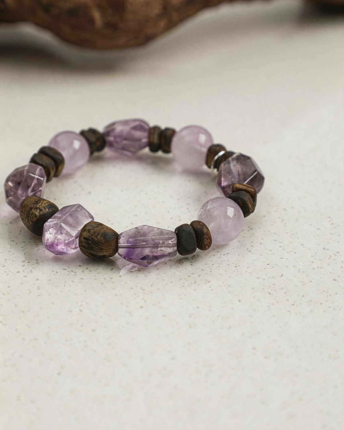 Violet Mist — Wood & Purple Stone Bracelet