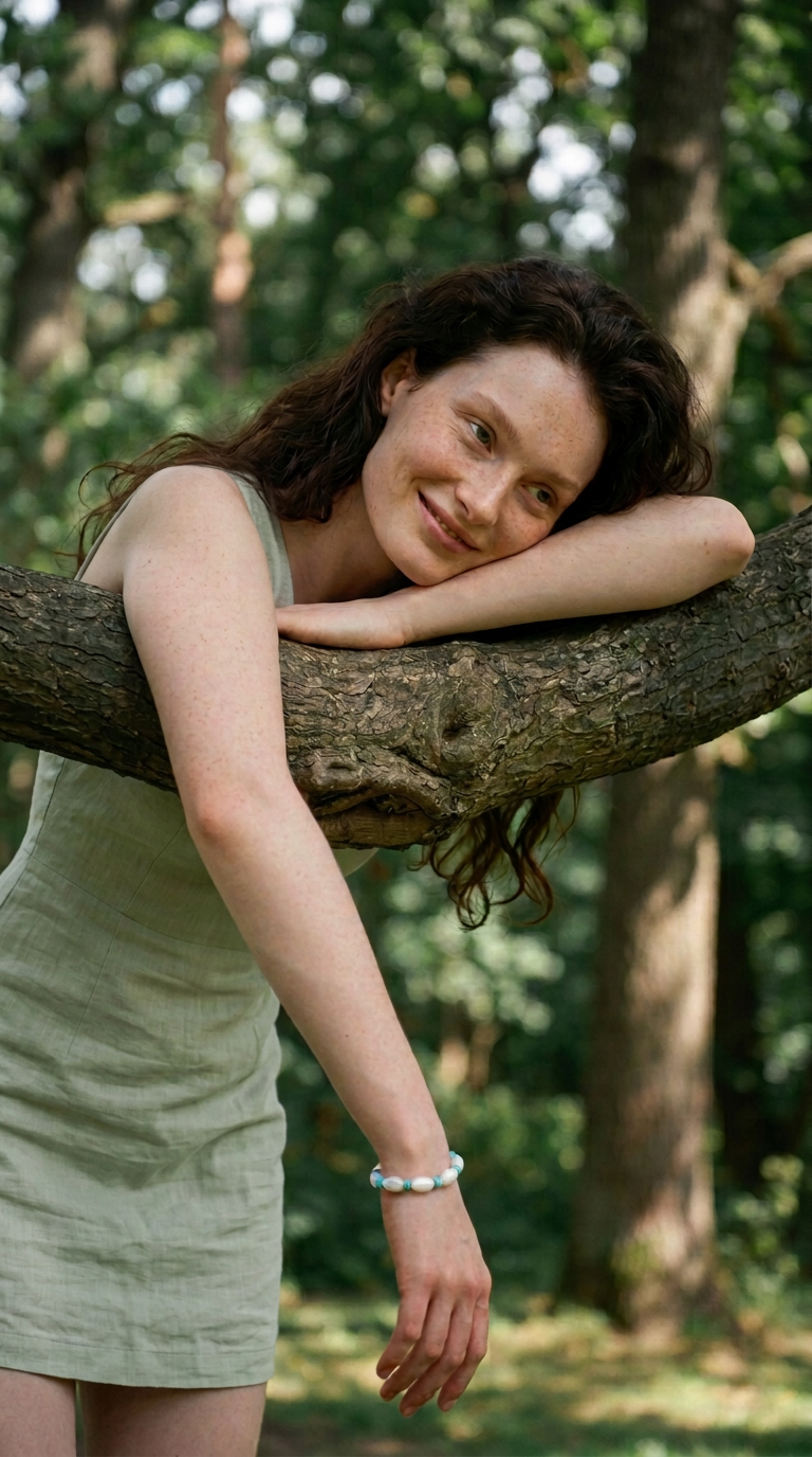 Woman wearing a bracelet leaning over a tree branch in green woodland