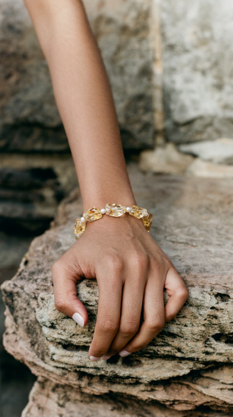 Hand wearing a golden crystal and pearl bracelet against layered rock