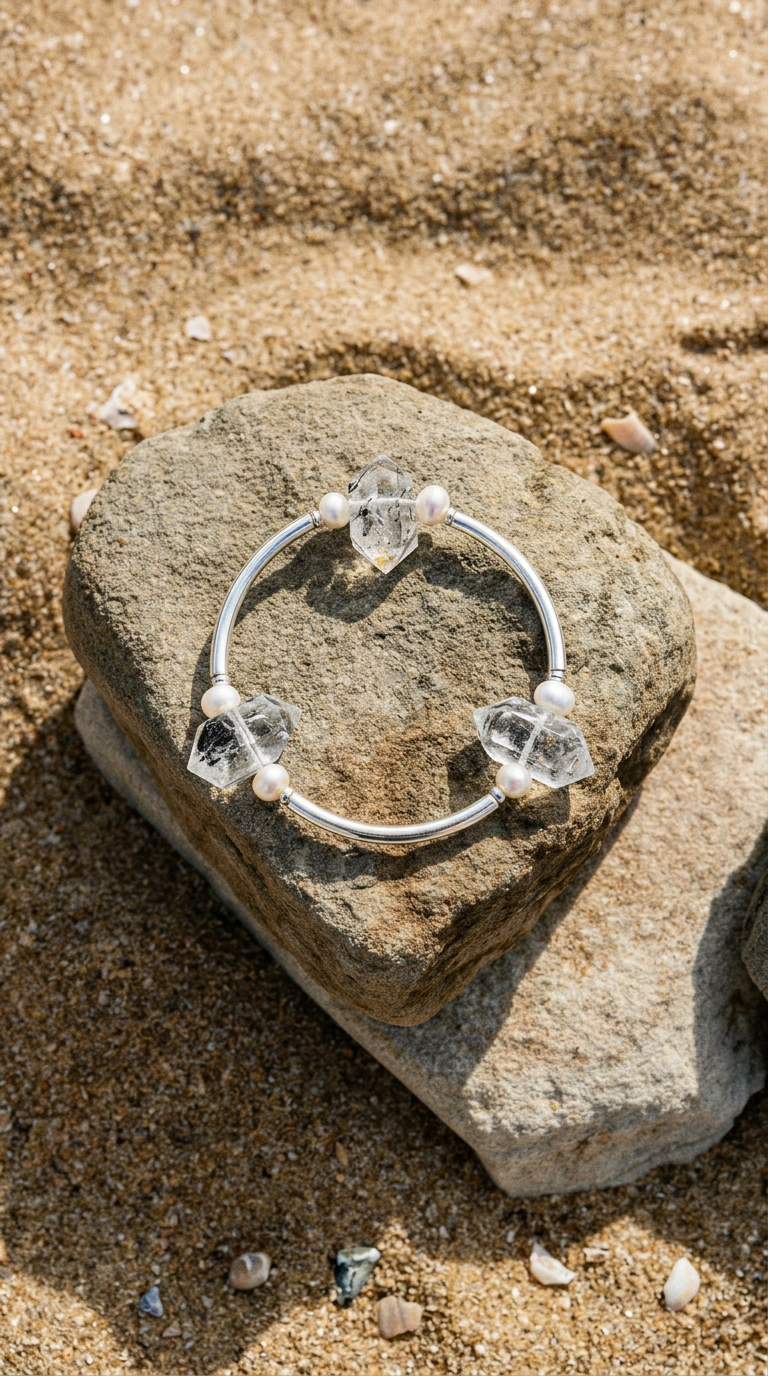 Clear crystal and pearl bracelet resting on layered stone and sand