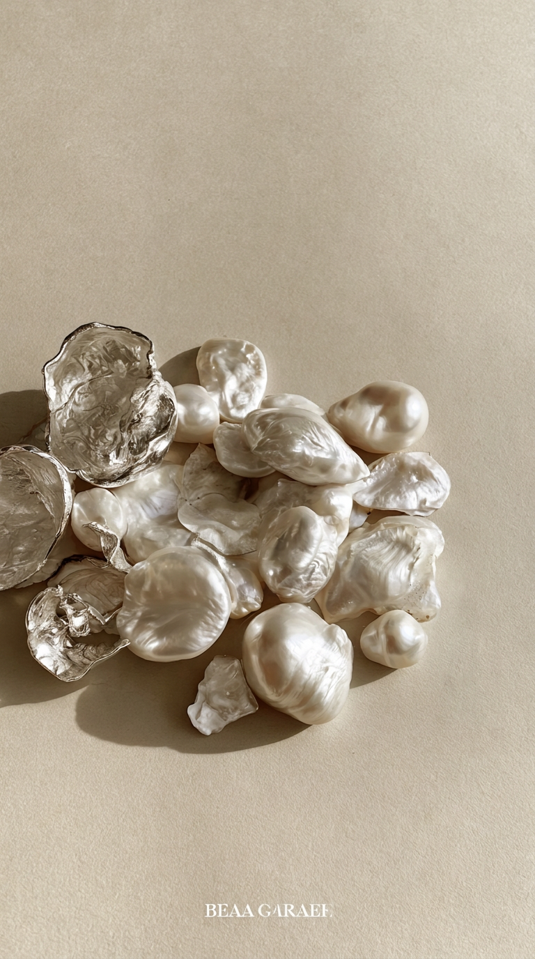 Irregular pearls and silver-toned organic forms in warm light