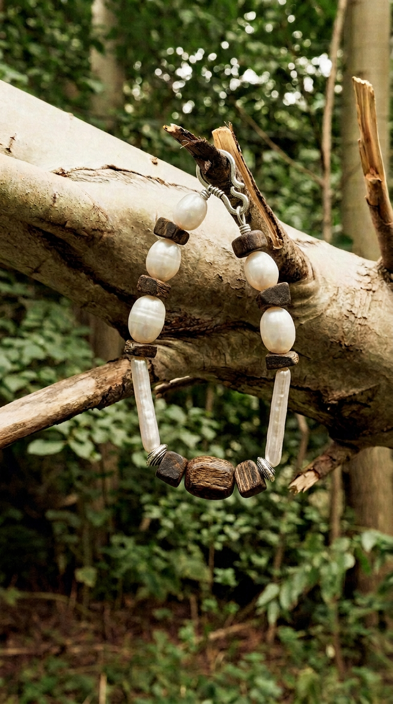 Wood and pearl bracelet hanging from a woodland branch