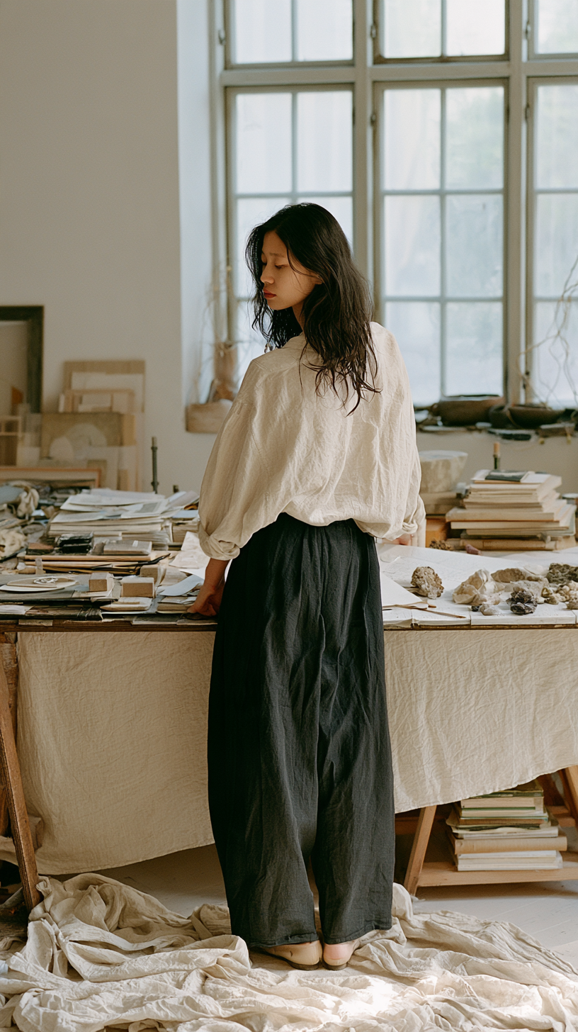 Editorial studio scene with an artist standing beside a material-filled worktable