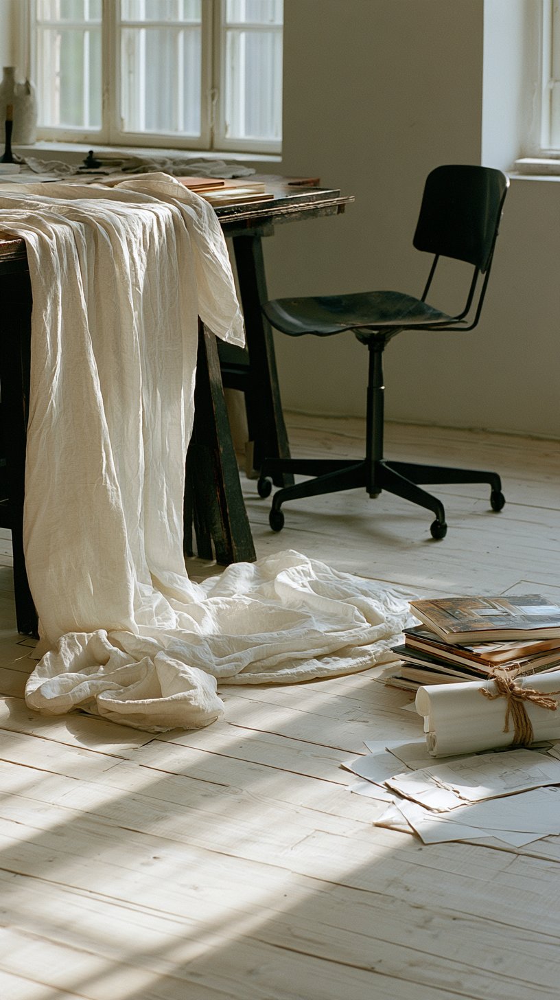 Sunlit studio workspace with books, fabric and an empty chair